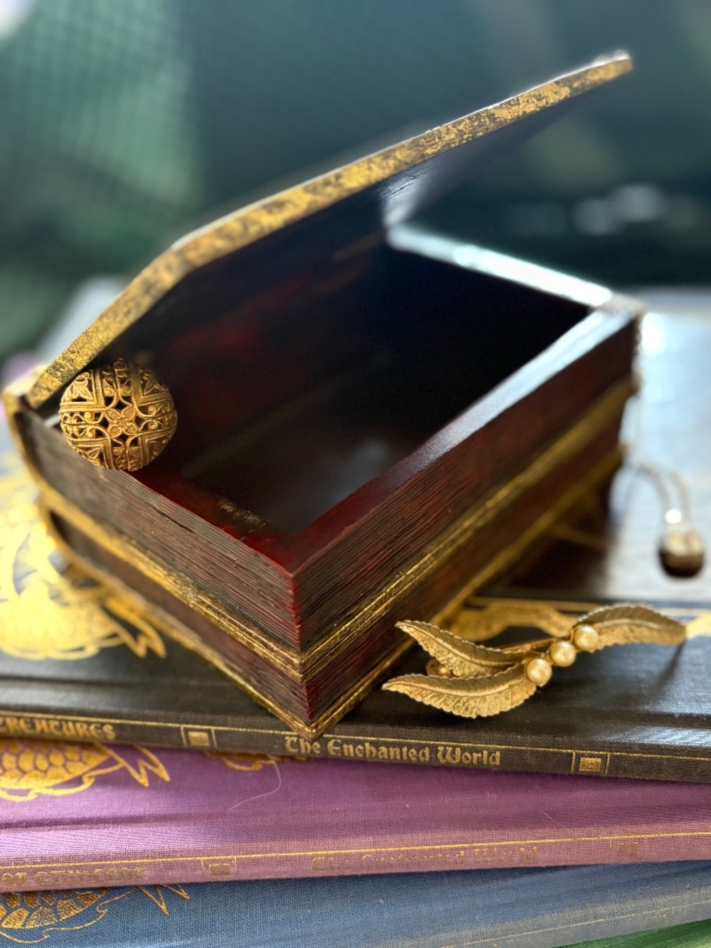 Old-World Ornate Gold Book Box: Decorative Ceramic Secret Trinket Container